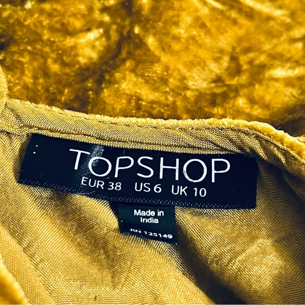 Topshop Mustard Crushed Velvet Mini Dress Size 6 - Picture 9 of 10